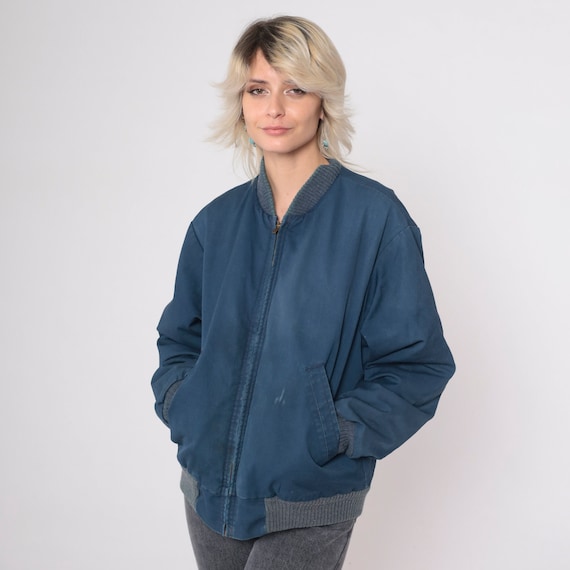 80s Windbreaker Jacket Navy Blue Quilted Lining Zip Up Bomber Warm Up Jacket Plain Simple Basic Warmup Retro Vintage 1980s Medium Large