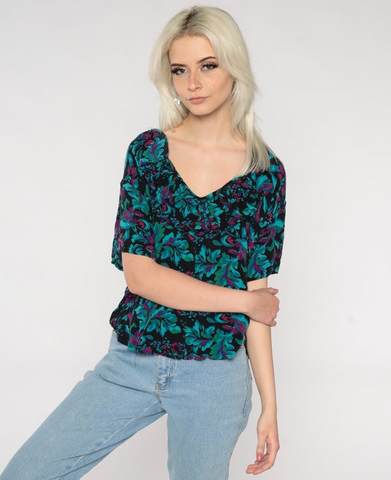 Floral Ruffle Shirt Short Sleeve Blouse Black Gre… - image 5