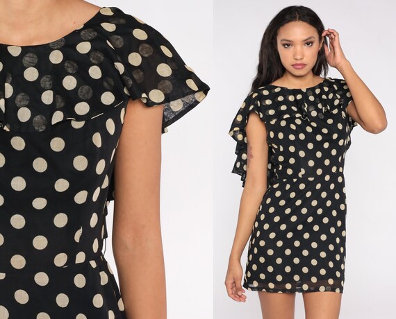 Capelet Polka Dot Dress 70s Flutter Sleeve Dress Black Mini High Waisted Sleeveless 1970s Vintage Flounce Bohemian Small 4