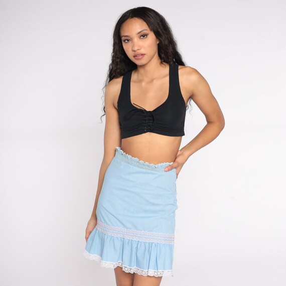 70s Ruffled Pencil Skirt High Waisted Baby Blue Smocked Hippie Boho Skirt Lace Slip Pastel Summer Bohemian Dainty Vintage Small xs s