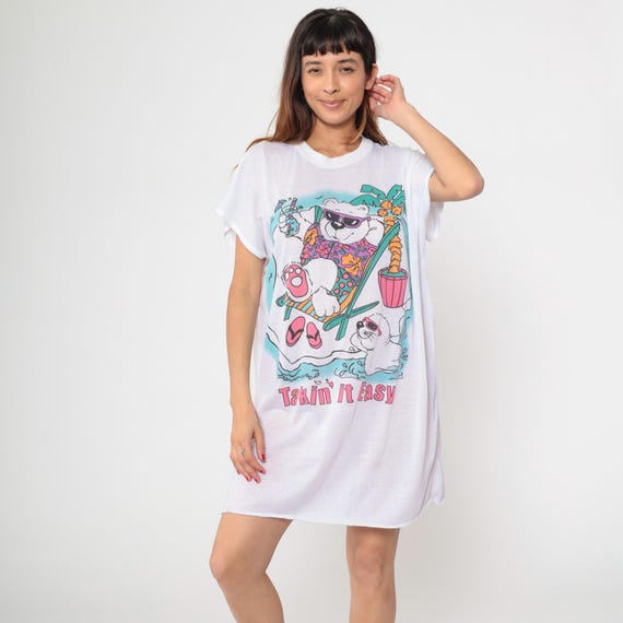 Tropical T-Shirt Dress 80s Beach Bear Seal T-Shirt Takin It Easy Graphic Tshirt Sheer Burnout White Vintage 1980s Small Medium Large XL