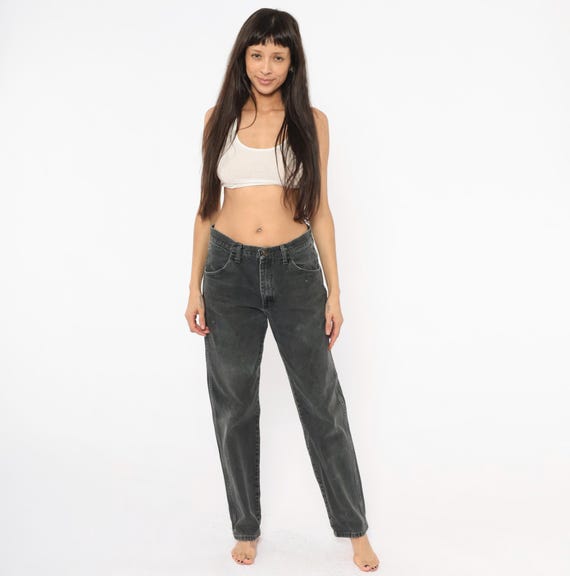 Faded Black Rustler Jeans 90s Charcoal Denim Straight Leg High Waisted Cotton Mom Jean Dark Gray Vintage Casual Boyfriend Trouser Medium 32