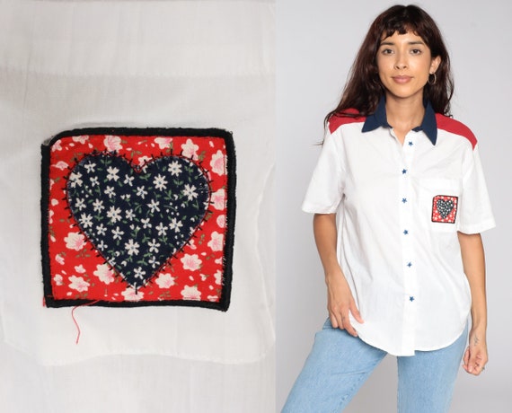 Heart Shirt Button Up Blouse 80s Star Top Short Sleeve White Blue Red Vintage Novelty Print Cotton 1980s Color Block Collar Small S