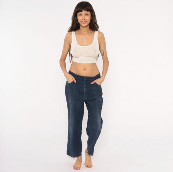 Navy Corduroy Pants 90s Blues Straight Leg Trousers Five Pocket Faded Worn Dark Blue Cord Slacks Vintage Relaxed Fit Grandpacore 34/30