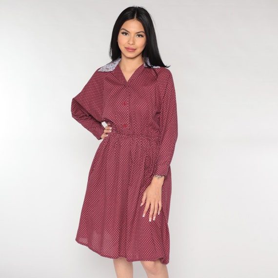Burgundy Midi Dress 80s Shirtdress Raglan Sleeve Dress Lace Collar Secretary Button Up 1980s Vintage Geometric Shirtwaist Small Medium