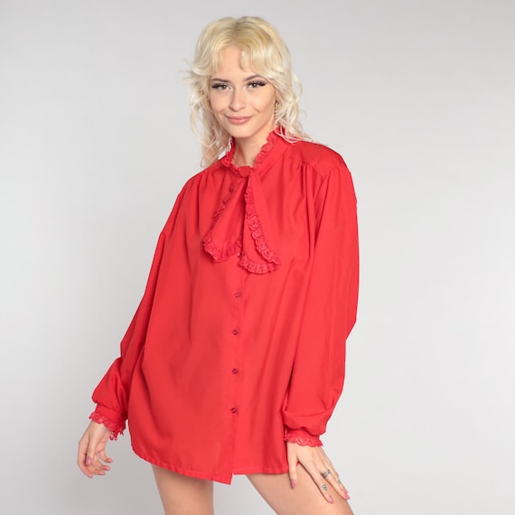 Red Ascot Shirt 70s 80s Lace Trim Secretary Blouse Long Sleeve Top Bow Neck Button Up Necktie Shirt Vintage Puff Sleeve Shirt Large L