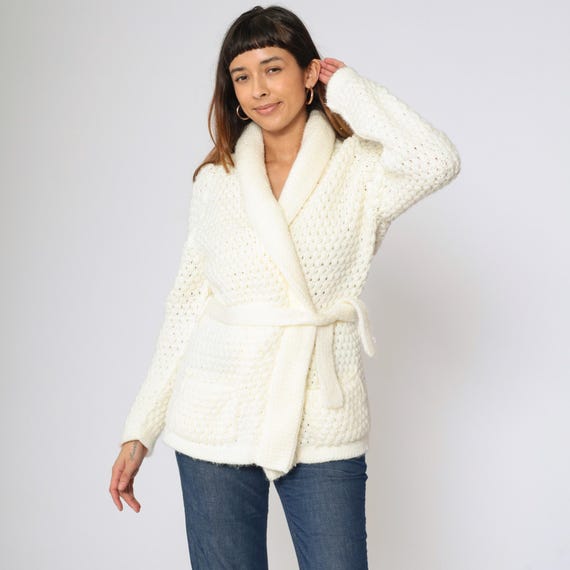 Vintage Cream Wrap Cardigan 70s Boho Sweater Sheer Openwork Knit 1970s Shawl Collar Retro Bohemian Plain Sweater Belted Small Medium