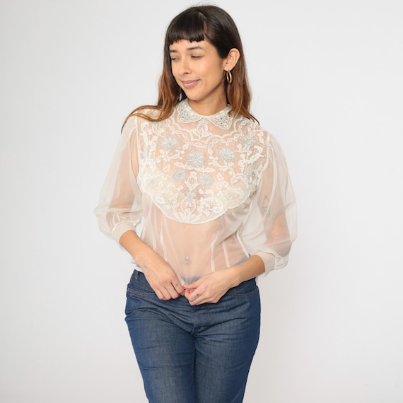 60s Sheer Chiffon Lace Blouse Vintage Floral Rhinestone Shirt White Cropped Button Back Top Retro Romantic 3/4 Sleeve 1960s Small 32