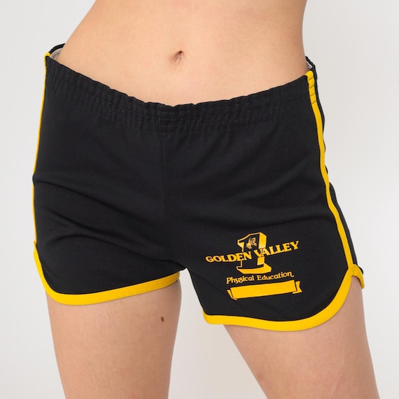 80s Gym Shorts Black Golden Valley PE Jogging Shorts Ringer Running High Waisted Retro Shorts Champion Dolphin Yellow Vintage 1980s Small S