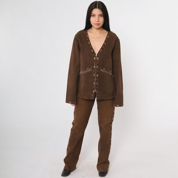Vintage Brown Beaded Western Two Piece Set Jacket Pants 90s Embellished Denim Zip Top Bootcut Leg 1990s Cowgirl Rodeo Outfit Medium M
