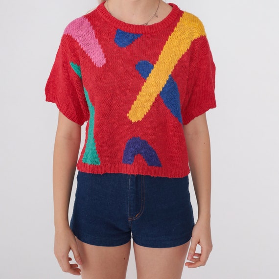 Red Sweater Top 80s Knit Shirt Yellow Blue Pink G… - image 6