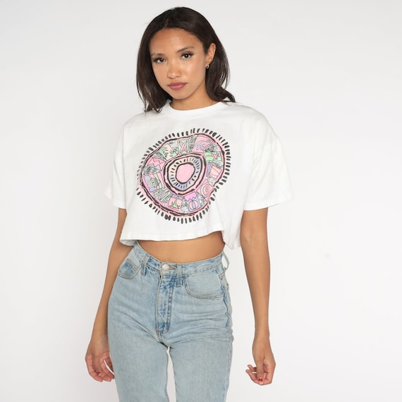Surfer Crop Top 90s Cropped T-Shirt Retro Beach Palm Tree Ocean Sun Print Graphic Tee Surf TShirt White Vintage 1990s Small Medium Large