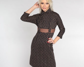 60s Wool Dress Leaf Print Mini Dress Mod Shift Dress Black Brown Empire Waist Ribbon Belt MiniDress 3/4 Sleeve Vintage 1960s Extra Small XS