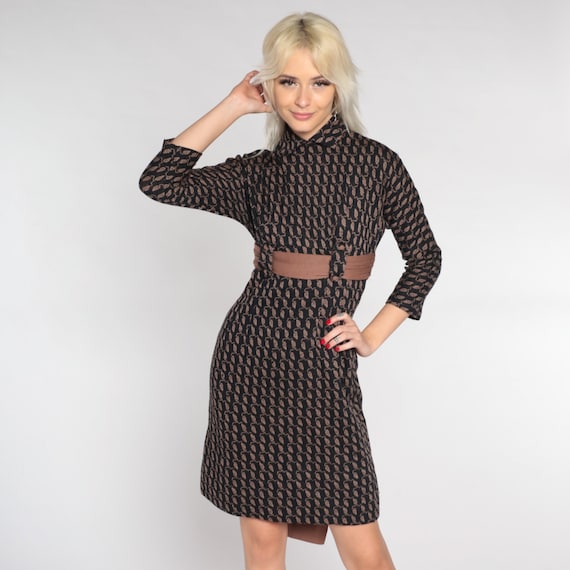 60s Wool Dress Leaf Print Mini Dress Mod Shift Dress Black Brown Empire Waist Ribbon Belt MiniDress 3/4 Sleeve Vintage 1960s Extra Small XS
