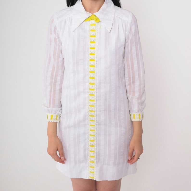 White Bowtie Dress 60s Mod Mini Dress Yellow Ribbon Trim Bow Tie Pointed Collar Long Sleeve Minidress Striped Collared Vintage 1960s Small S image 6