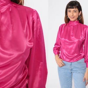 Pink Satin Shirt 80s Puff Sleeve Blouse Vintage Silky High Mock Neck Fuchsia Shirt Draped Long Sleeve Button Back Extra Small xs 2 Petite image 1