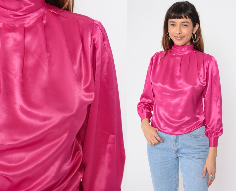 Pink Satin Shirt 80s Puff Sleeve Blouse Vintage Silky High Mock Neck Fuchsia Shirt Draped Long Sleeve Button Back Extra Small xs 2 Petite image 1