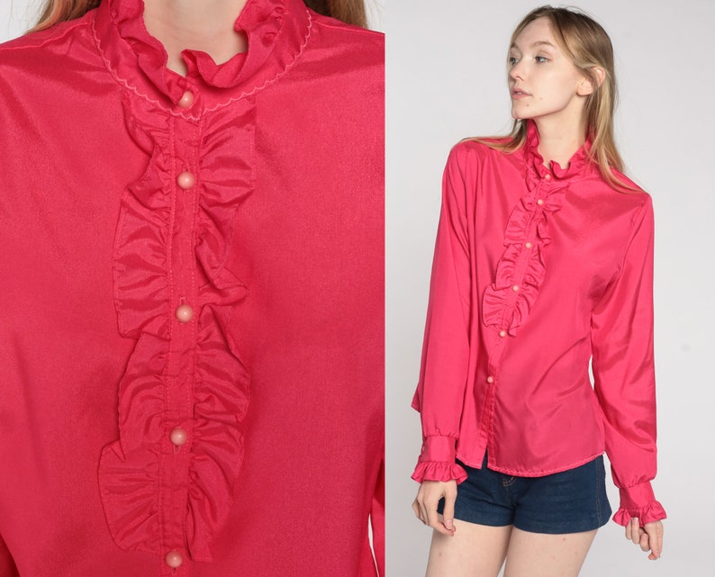 Pink TUXEDO Shirt Bright Ruffle Blouse 70s Button Up Top 80s Victorian Vintage Long Sleeve Secretary Shirt 1970s Deep Pink Large L image 1