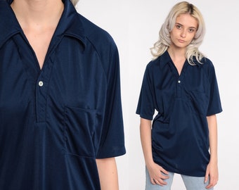 70s Polo Shirt Dark Blue Button Up Polo Shirt Collared Shirt 1970s Retro Vintage Short Sleeve Geek Shirt Large l