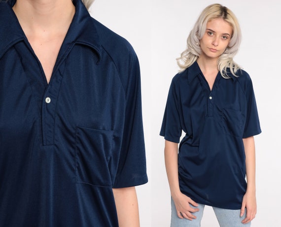70s Polo Shirt Dark Blue Button Up Polo Shirt Collared Shirt 1970s Retro Vintage Short Sleeve Geek Shirt Large l