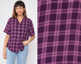 Purple Plaid Blouse 90s Button Up Shirt Checkered Print Short Sleeve Collared Retro Vintage 1990s Two Tone Rayon Blend Medium 10 Petite