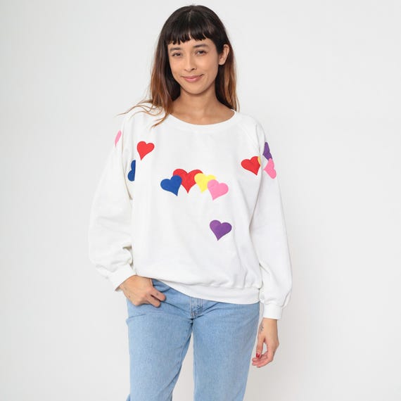 Heart Sweatshirt Pullover 90s White Colorful Appliqué Red Pink Blue Yellow Purple Crew Neck Kawaii Coquette Graphic Vintage Extra Large XL