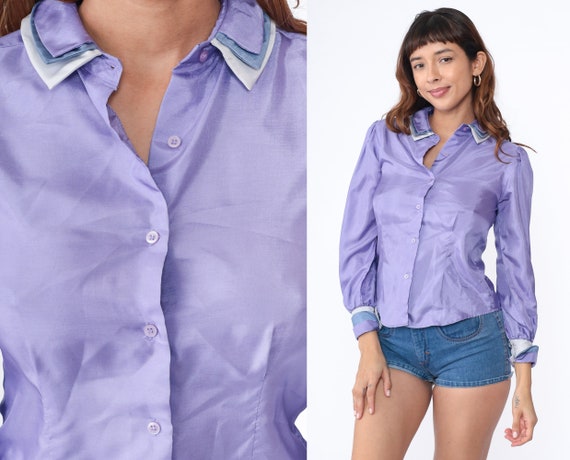 80s Lavender Blouse Peter Pan Collar Puff Sleeve Top Button up Shirt Retro Collared Shiny Princess Seam Blouse Plain Vintage 1980s Small 3