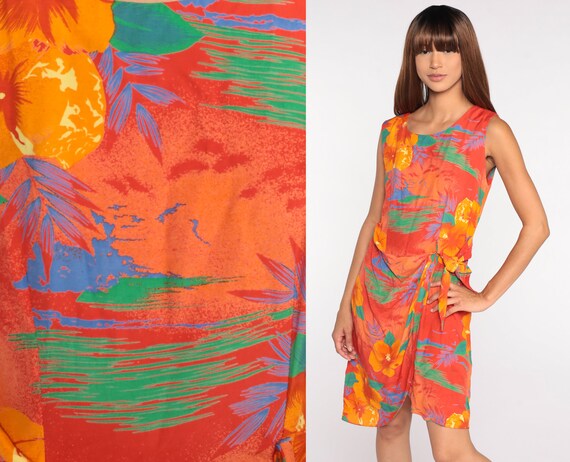 Tropical Floral Dress 80s Mini Orange Wrap Dress … - image 1