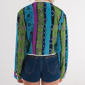 Statement Jacket années 90 Open Front Cropped Blazer Rayé Géométrique Imprimé Bleu Vert Violet Boho Hippie Cardigan Boho vintage années 1990 Moyen image 5