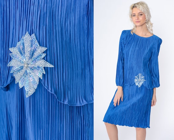 80s Party Dress Blue Midi Dress Sparkly Beaded Flower Long Puff Sleeve Layered Shift Evening Cocktail Formal Knee Length Vintage 1980s Small