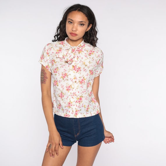 60s Ascot Blouse White Floral Pink Shirt Button Up Shirt Vintage 70s Cropped Shirt Sixties Short Sleeve Small Medium