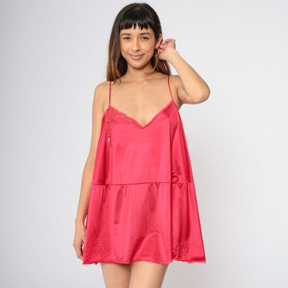 80s Raspberry Pink Slip Dress Plus Size Vanity Fair Front Slit Lingerie Mini Retro Nightgown High Waist V Neck Nightie Vintage 1980s xxl