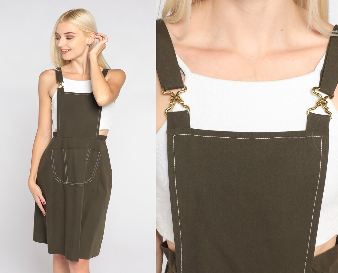 60s Overall Dress Brown Mini Dress Retro Pinafore Bib Dress Jumper