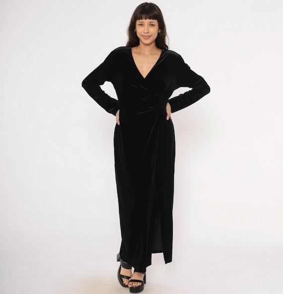 90s Black Velvet Wrap Style Dress Long Sleeve Gown  Surplice Neckline Formal Evening Column Dark Minimalist Cocktail Party Going Out Large L