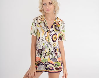 Groovy Floral Shirt 70s Psychedelic Top Button up Blouse Hippie Short Sleeve Summer Seventies Boho Vintage 1970s White Purple Medium