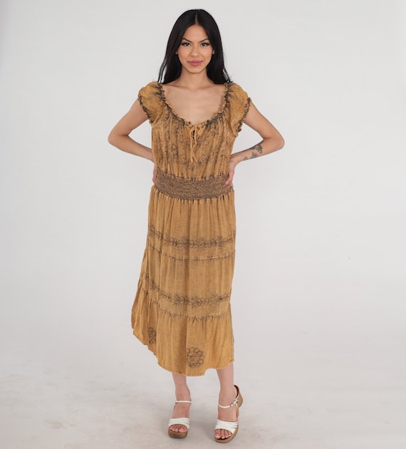 Indian Embroidered Dress 90s Floral Peasant Midi Dress Brown Hippie Sundress Cap Sleeve Day Dress Summer Festival Vintage 1990s Medium Large
