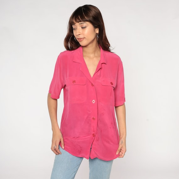 Pink Silk Blouse Y2k Button Up Shirt Retro Plain Simple Short Sleeve Top Preppy Basic Button Down Chest Pocket Vintage 00s Large xl l