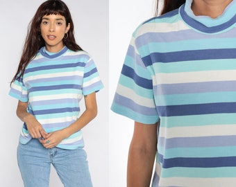 80s Striped Shirt Blue Purple Striped Shirt 80s T Shirt Mock Neck Top High Neck Retro Vintage Short Sleeve 1980s White Large