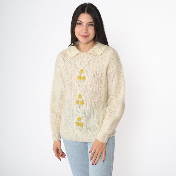 Sheer Cream Sweater 80s Cable Knit Open Weave Granny Slouchy Boho Pullover Collared Knit Sweater Knitwear 1980s Vintage Wool Medium