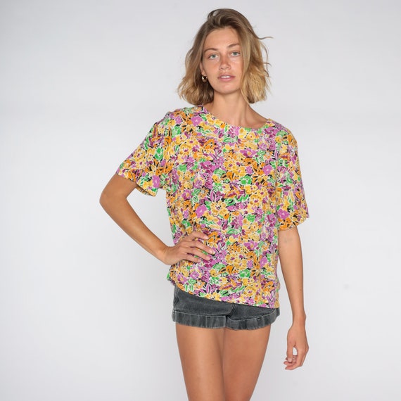 Floral Print Blouse 90s Bright Flower Print Hippi… - image 3