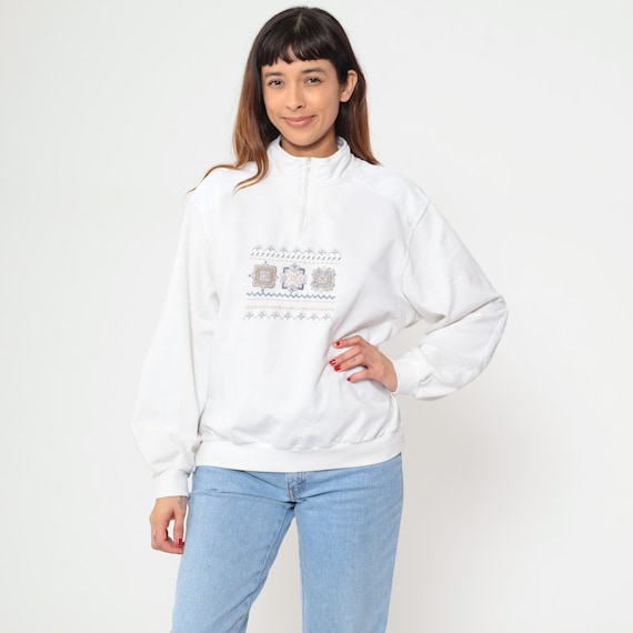 80s Southwestern Sweatshirt White Quarter Zip Pullover Pattern Embroidered Blue Tan Pink Long Sleeve Vintage Casual Cozy Extra Large XL