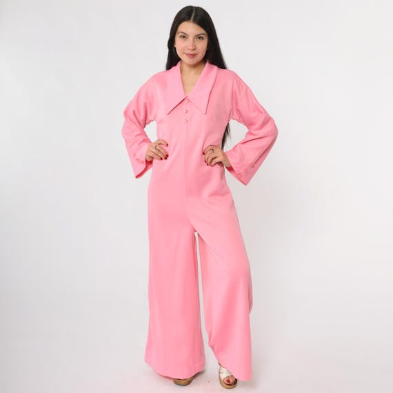 70s Pink Jumpsuit Vintage Disco Bell Bottom Wide Leg One Piece Long Sleeve Button Detail Glam Rock Studio 54 Fashion Medium M