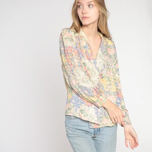 Floral Silk Blouse 80s Boho Shirt V Neck Wrap Top Double Breasted Button Up Long Sleeve Romantic Hippie Pastel Vintage 1980s Small S 6 image 2