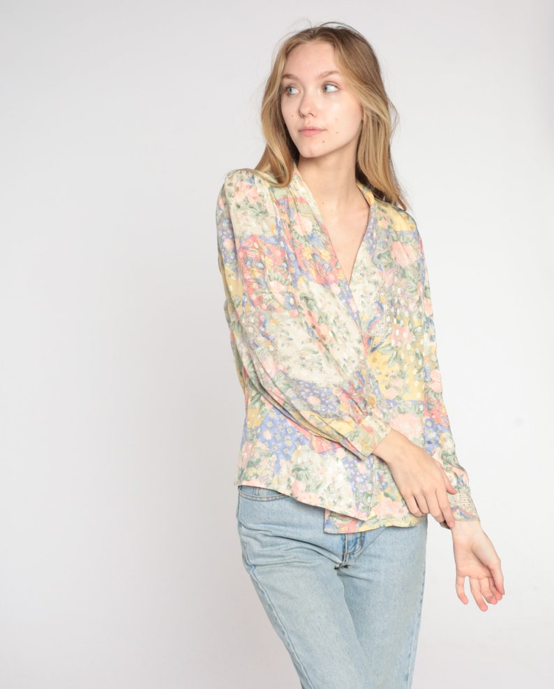 Floral Silk Blouse 80s Boho Shirt V Neck Wrap Top Double Breasted Button Up Long Sleeve Romantic Hippie Pastel Vintage 1980s Small S 6 image 2