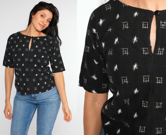 Geometric Blouse 90s Black Blouse Keyhole Top Graphic Top Short Sleeve T Shirt Cutout Shirt 1990s Vintage Small S