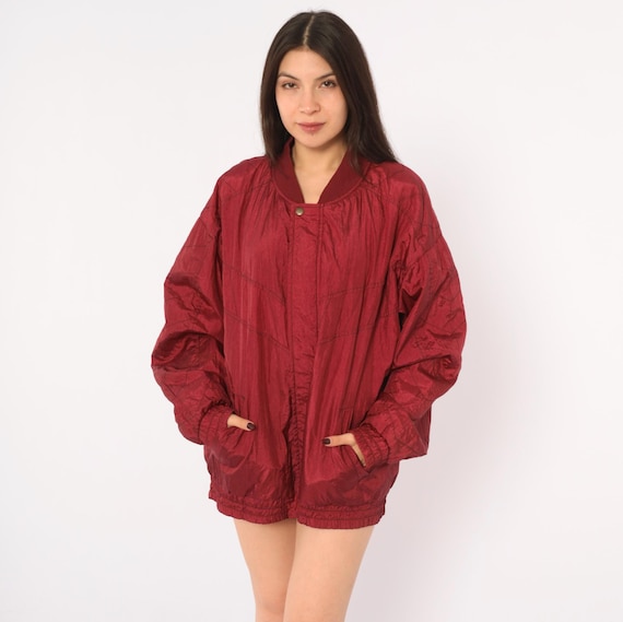 80s Burgundy Bomber Jacket Wine Red Windbreaker Snap Ribbed Collar Shiny Slouchy Cotton Lined Sporty Fall Winter Unisex Coat Vintage Large L