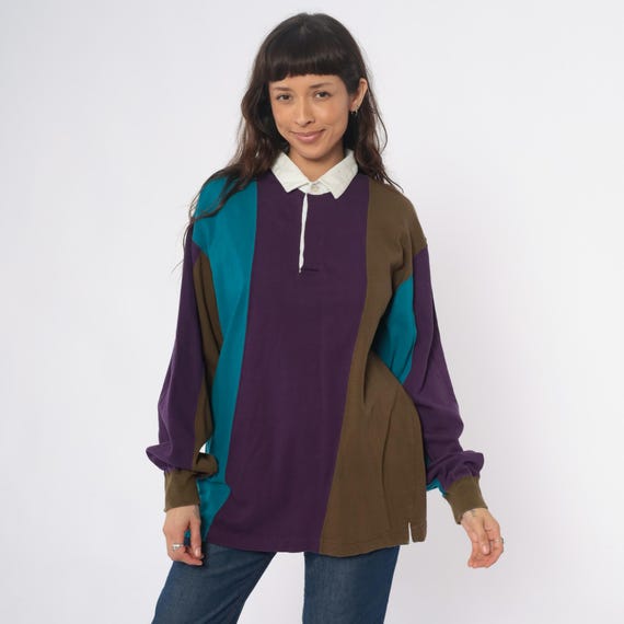 90s Color Block Rugby Polo Purple Teal Olive Brown Cotton Oversized Long Sleeve White Collar Vintage Casual Top Shirt Grandpa Large L