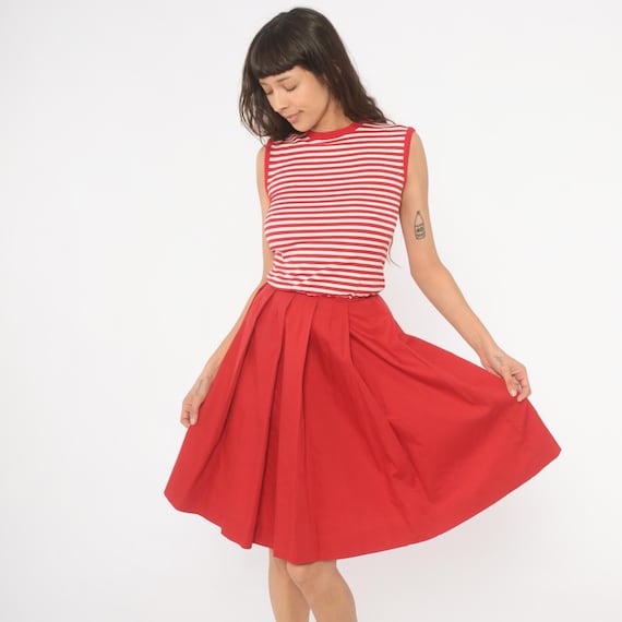 70s Striped Sleeveless Dress Red White Stripe Knit Bodice Pleated Skirt Fit Flare Cherry Crimson Candy Cane Summer Vintage Extra Small XS
