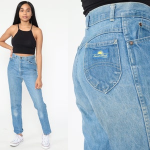 70s Straight Leg Jeans 27 Sunset Blues High Waisted Jeans Denim Pants Hippie Boho Blue 1970s Vintage 80s Bohemian Jeans Festival Small