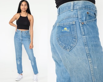 70s Straight Leg Jeans 27 Sunset Blues High Waisted Jeans Denim Pants Hippie Boho Blue 1970s Vintage 80s Bohemian Jeans Festival Small